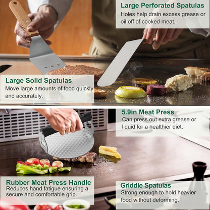 US Local Grilljoy Griddle Accessories Set With Robust Plastic Handle, All-in-One Griddle Tools Kit For Flat Top Grills Teppanyaki Hibachi, Stainless Steel Grill Spatula Kit For Outdoor Camping Grilling