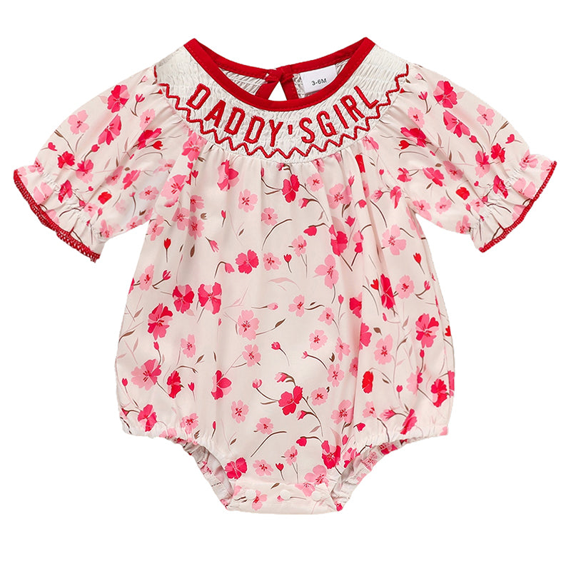 US Local Infant Girls' Floral Smocked Romper 'DADDY'S Girl' Embroidery Short Sleeve Crew Neck Adorable Princess Party Bodysuit