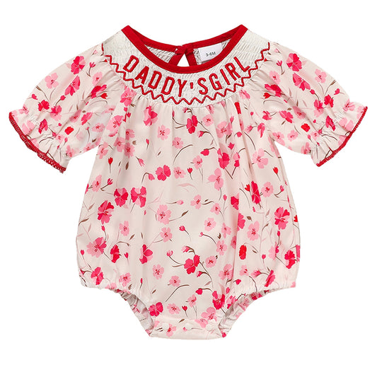 US Local Infant Girls' Floral Smocked Romper 'DADDY'S Girl' Embroidery Short Sleeve Crew Neck Adorable Princess Party Bodysuit