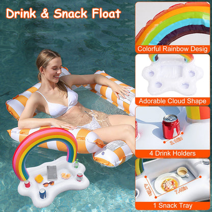US Local Set Of 3 Pack Inflatable Pool Floats 1 Drink & Snack Float 2 Water Hammocks With High Buoyancy Pillows Cooling Mesh