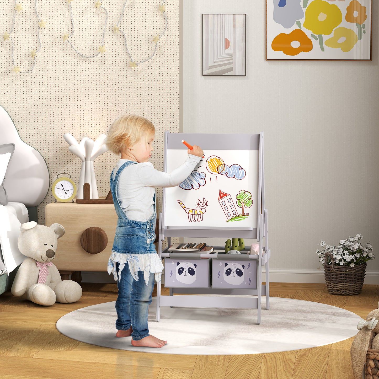 US Local Art Easel for Kids with Paper Roll, Blackboard, Whiteboard, Storage