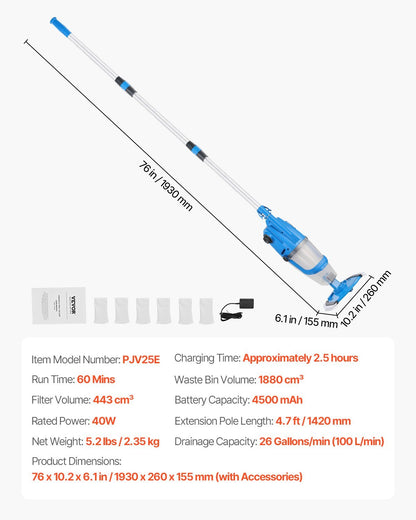 US Local Pool Vacuum, 26 GPM Handheld Cordless Hot Tub Vacuum With Extension Pole, For Deep Cleaning  Strong Suction, Rechargeable Pool Cleaner, Running Up To 1Hour, For Above Ground Inground Pool Spas