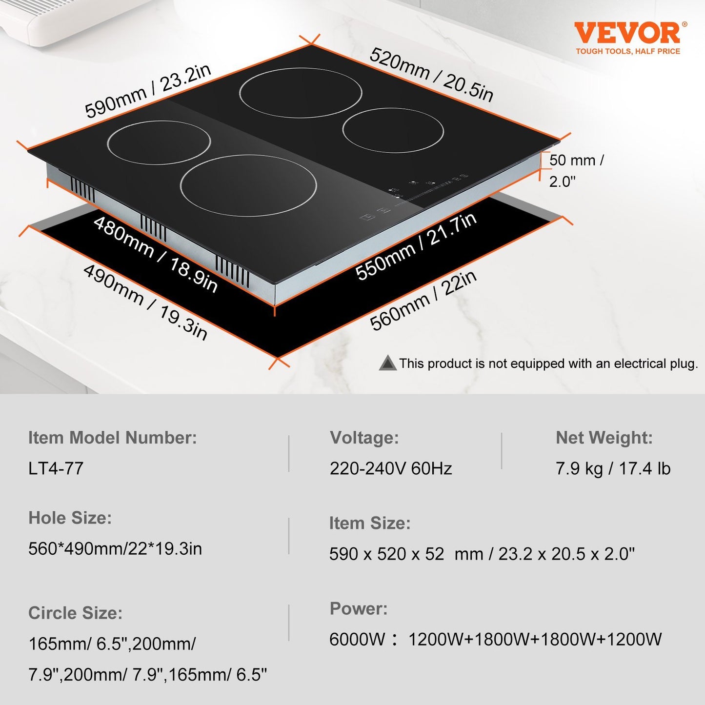 US Local VEVOR Built In Electric Stove Top, 23.2 X 20.5 Inch 4 Burners, 240V Glass Radiant Cooktop With Sensor Touch Control, Timer & Child Lock Included, 9 Power Levels For Simmer Steam Slow Cook Fry