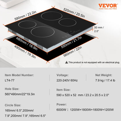 US Local VEVOR Built In Electric Stove Top, 23.2 X 20.5 Inch 4 Burners, 240V Glass Radiant Cooktop With Sensor Touch Control, Timer & Child Lock Included, 9 Power Levels For Simmer Steam Slow Cook Fry
