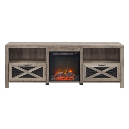 US Local Industrial Farmhouse Metal Mesh Drop-Down X-Door Fireplace TV Stand For TVs - Grey Wash