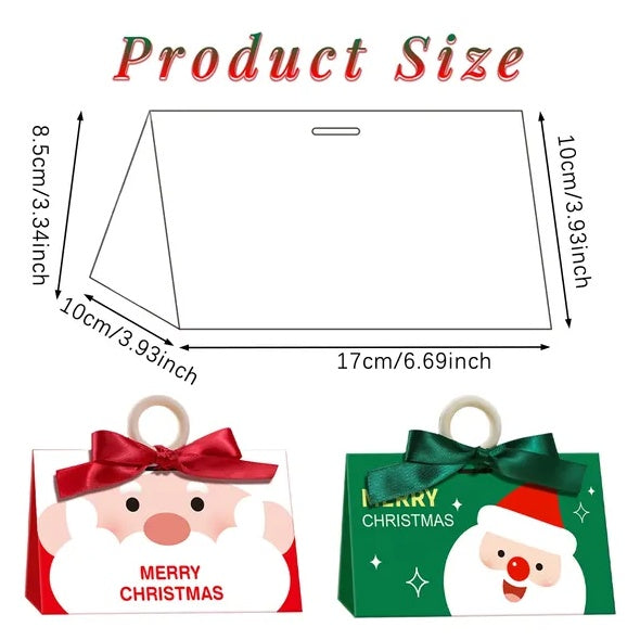 US Local 10 Pcs Christmas Candy Boxes With Ribbon And Wooden Ring Merry Christmas Santa Claus Pattern Cookie Goodie Box Cartoon Paper Treat Box For Christmas Gift Wrapping Holiday Party Supplies