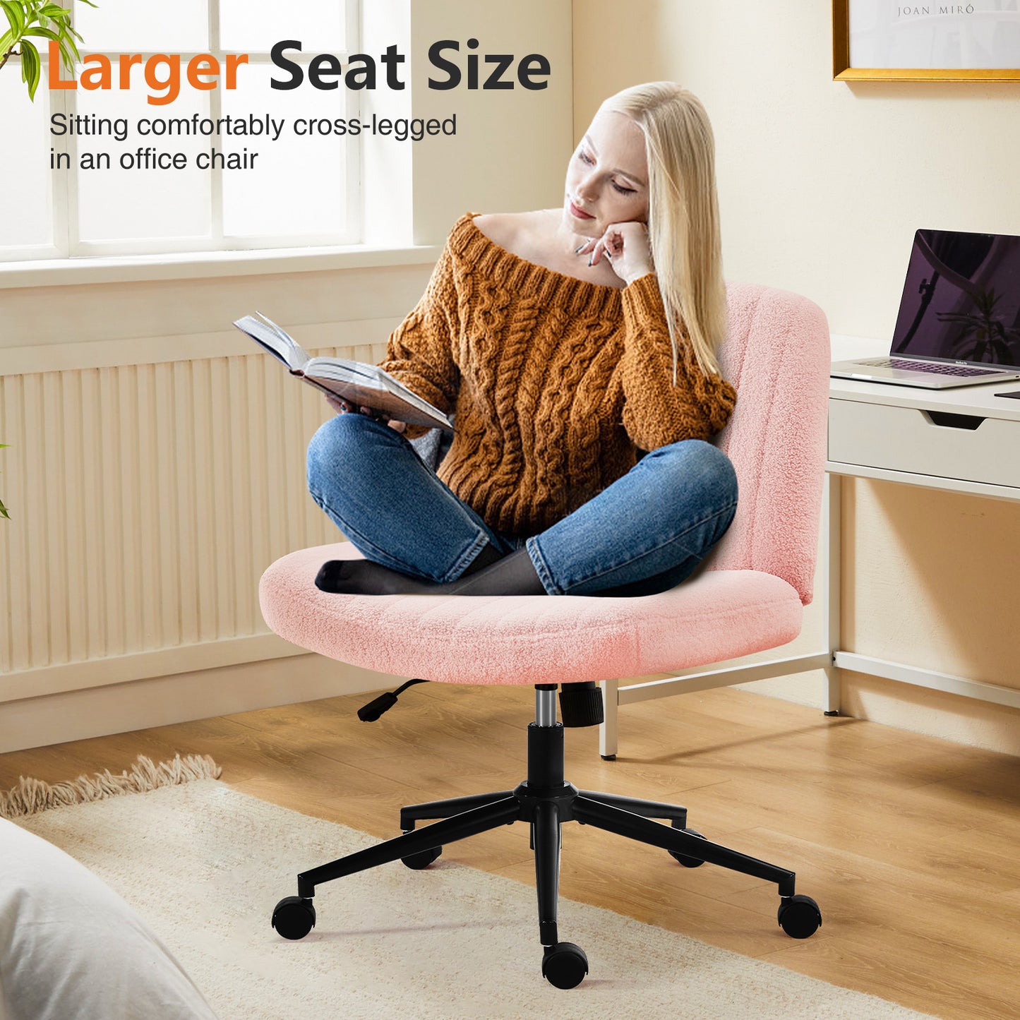 US Local Office Desk Vanity Chair Cross Legged Armless Swivel Fabric Height Adjustable Wide Seat With Replaceable Wheels-Fixed Base, Comfy Task Chair Padded