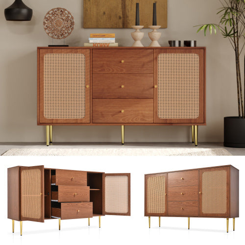 UK Local Rattan Sideboard Cabinet For Living Room, Chest Of Drawers With With 2 Doors And 3 Drawers, Adjustable Shelf, Walnut -90H 150W 40D Cm