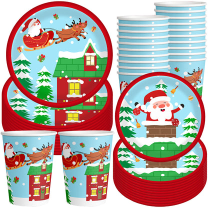 US Local Christmas Paper Plates And Cups Set Decorations For 10 Guests Santa Claus Elk Pattern Plates And Cups For Winter Holiday Christmas Party Decorations