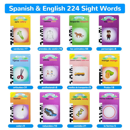 US Local Blue-Pink Color Options -- 1Pc Spanish & English Talking Flash Cards 224 Sight Words Bilingual Flash Cards Rechargeable Card Early Educational Toy For Boys Girls Aged 1 2 3 4 5 6 7 8 Years Old