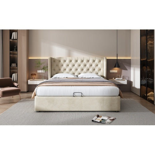 UK Local Upholstered Bed, With Hydraulic Lever, Functional Bed From Storage, 135 X 190 Cm, Without Mattress, Velvet, Beige