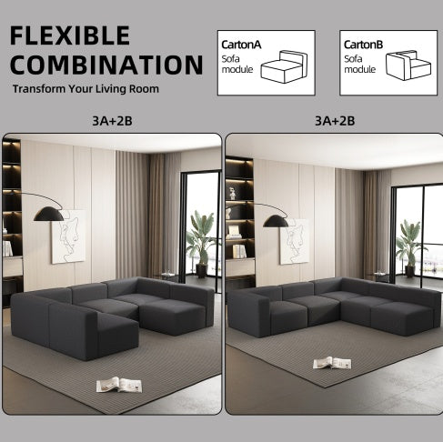US Local Modular Sectional Sofa Sleeper Couch, Sectional Sofa With Chaise And Ottoman, Convertible U Shaped Modular Sofa Set. Compressed Sponge, Dark Grey