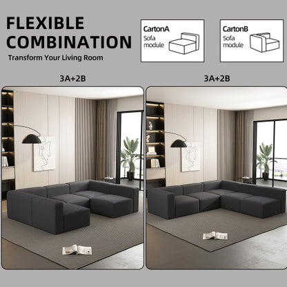 US Local Modular Sectional Sofa Sleeper Couch, Sectional Sofa With Chaise And Ottoman, Convertible U Shaped Modular Sofa Set. Compressed Sponge, Dark Grey