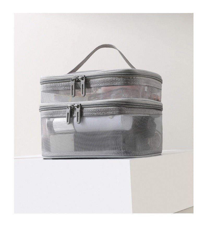 US Local 2pcs Double Layer Mesh Yarn Toiletry Bag Portable Travel Cosmetic Storage Bag In Black And Grey For Business Trips Large Capacity Travel Cosmetic Storage Bag