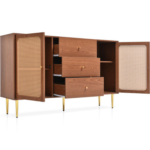 UK Local Rattan Sideboard Cabinet For Living Room, Chest Of Drawers With With 2 Doors And 3 Drawers, Adjustable Shelf, Walnut -90H 150W 40D Cm