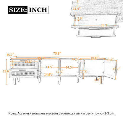 US Local Rattan TV Stand With 3 Cabinets & 2 Drawers, Rattan-inspired Media Console Table For TVs Up To 80'', LED Light Entertainment Center, TV Cabinet For Living Room, Bedroom, Home Theatre