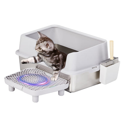 US Local 61x40x33CM, Litter Box, Stainless Steel And Plastic, Upper And Lower Snap Type, With Litter Spatula, Foot Pad - Grey