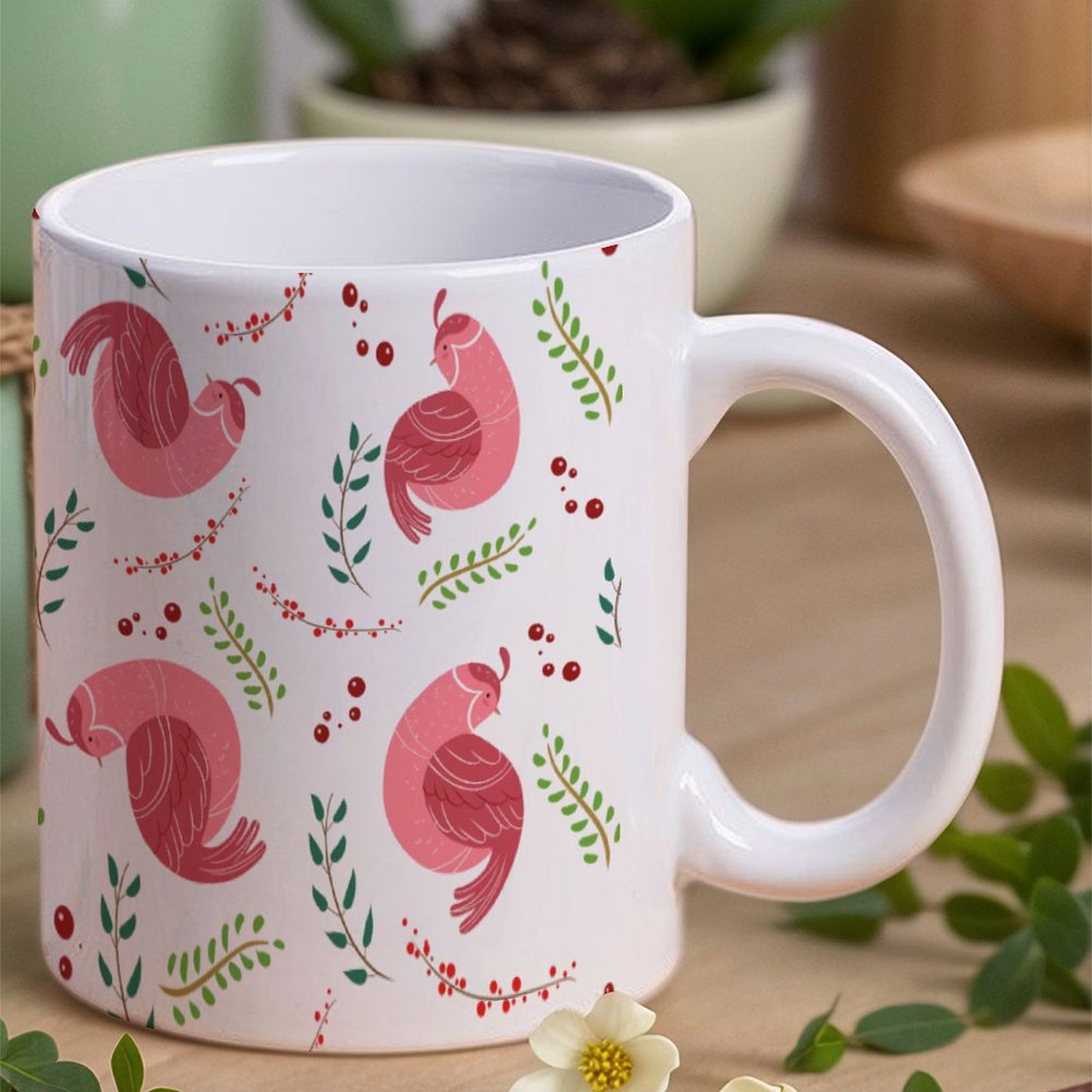 POD US Local White mug with full print, Christmas Bird Branches Pink 0068