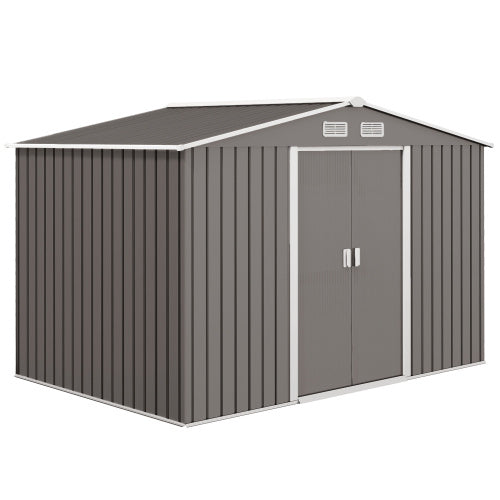 UK Local Outsunny 9 X 6FT Outdoor Garden Roofed Metal Storage Shed Tool Box With Foundation Ventilation & Doors Light, Grey
