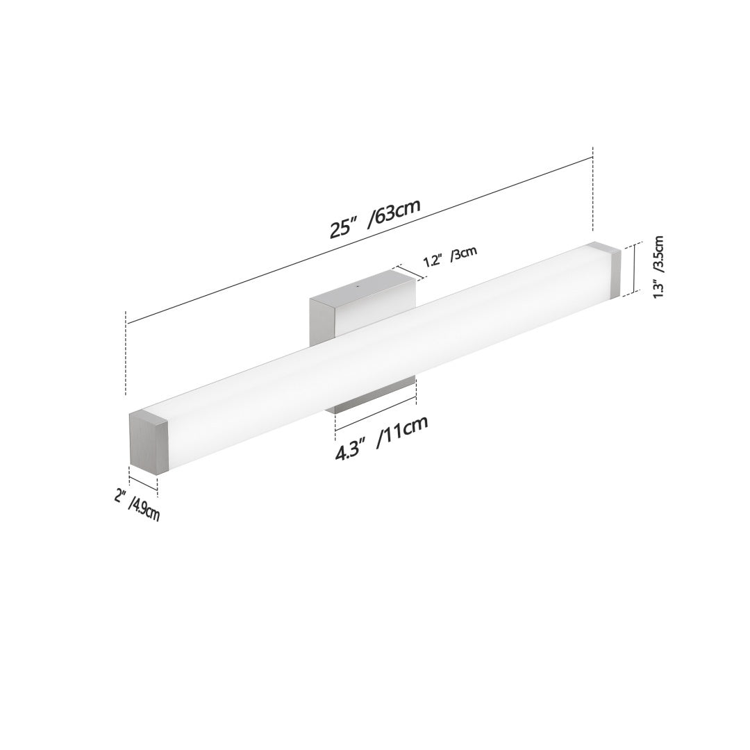 US Local Bathroom Vanity Light Brushed Nickel Square LED 25 Inch 14W 6000K Cool White Light Wall Bar Lighting Fixtures Over Mirror -Brushed Nickel, 25in