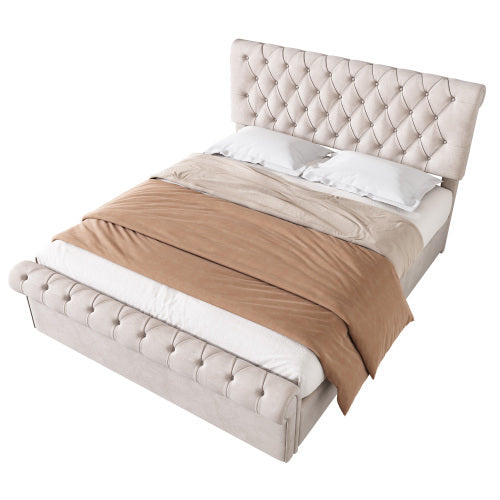 UK Local Upholstered Bed 5ft,150x200, 5ft King Bed, Luxurious Velvet Button-Tufted Sleigh Bed Storage, Functional Bed With Slatted Frame And Storage, Beige