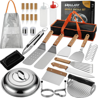 US Local Grilljoy Griddle Accessories Set With Robust Plastic Handle, All-in-One Griddle Tools Kit For Flat Top Grills Teppanyaki Hibachi, Stainless Steel Grill Spatula Kit For Outdoor Camping Grilling