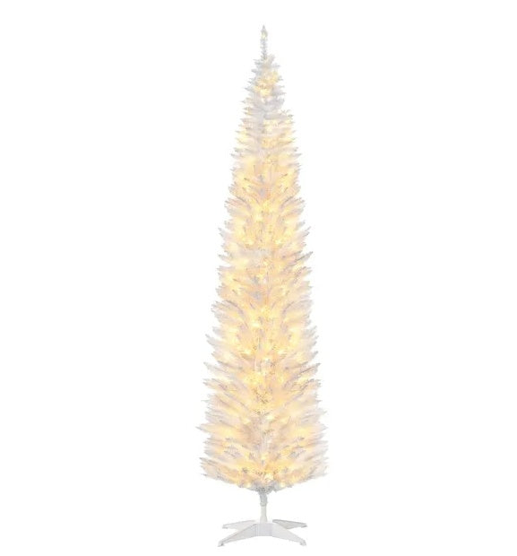 US Local HOMCOM 8' Tall Pre-Lit Slim Noble Fir Artificial Christmas Tree With 300 Warm White LED Lights And 618 Tips, For Christmas Decoration, White