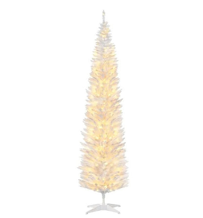 US Local HOMCOM 8' Tall Pre-Lit Slim Noble Fir Artificial Christmas Tree With 300 Warm White LED Lights And 618 Tips, For Christmas Decoration, White
