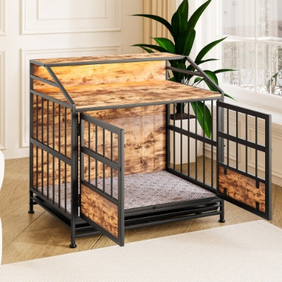 US Local Multi-function Furniture Style Dog Crates With Storage, Dog Crate Furniture Large Wooden Dog Kennel With Double Doors, For Large Medium Dog Indoor, Brown