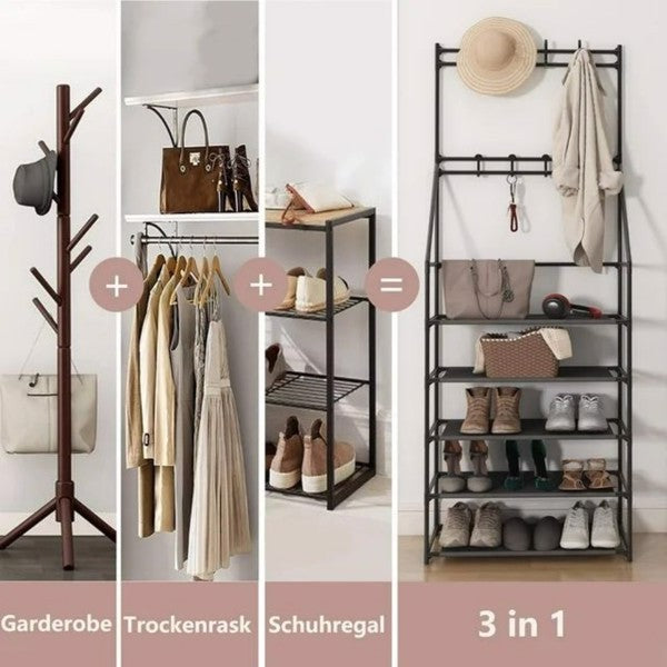 US Local 5 Tiers Shoe Rack For Entryway, Narrow Shoe Rack, Coat And Shoe Rack With 8 Hooks - Not Shipped On Weekends