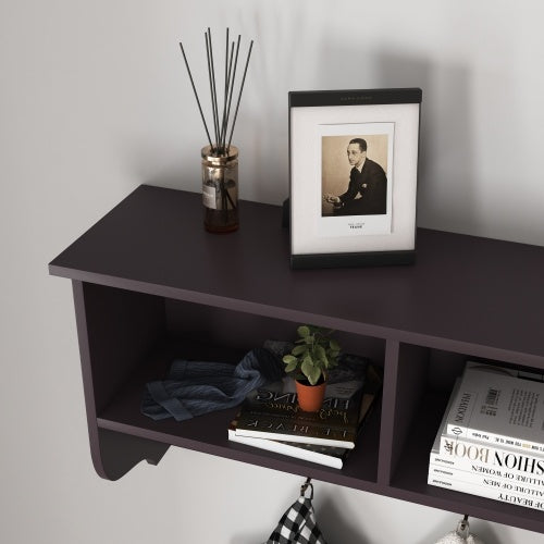 US Local Espresso Entryway Wall Mounted Coat Rack With 4 Dual Hooks Living Room Wooden Storage Shelf