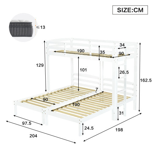 UK Local Bunk Bed Triple Sleeper With Side Ladder For Children And Teens 3FT, White 90x190cm,90x200cm  Mattress Not Included