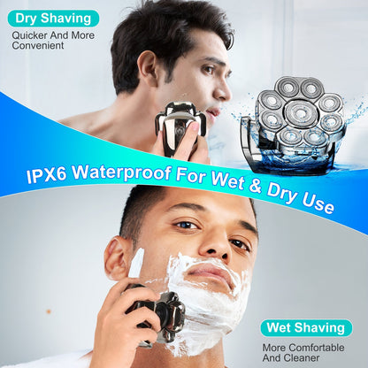 US Local 1Pc 6 In 1 9D Electric Head Shaver For Men Cordless Rechargeable Wet Dry Razor With LED Display Travel Lock Stall Protection Cleaning Reminder
