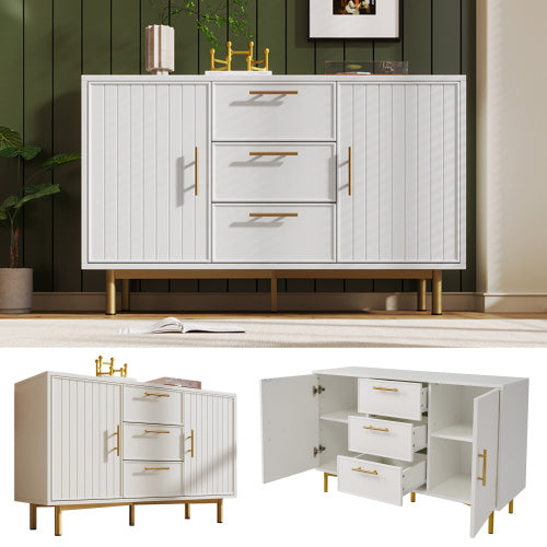 UK Local Sideboard Cabinet For Living Room, Chest Of Drawers With With 2 Doors And 3 Drawers, Adjustable Shelf, White, 40D X 120W X 75H CM