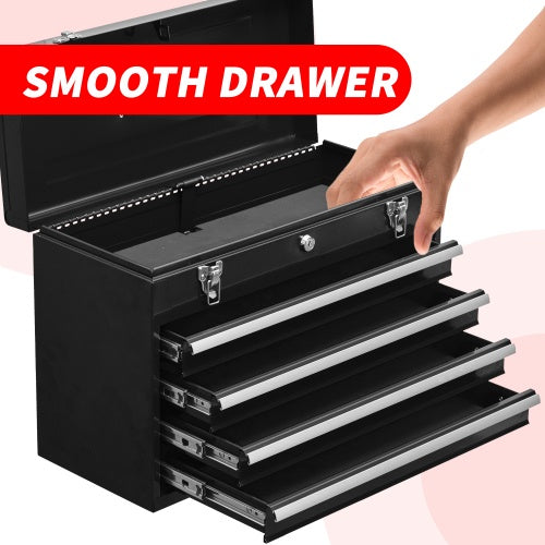 US Local Metal Tool Box With 4 Drawers Portable Steel Tool Chest With Metal Cylinder Lock And Latch Closure, Liner, Powder Coating, Suitable For Garage, Warehouse And Outdoor Repair Job-Black