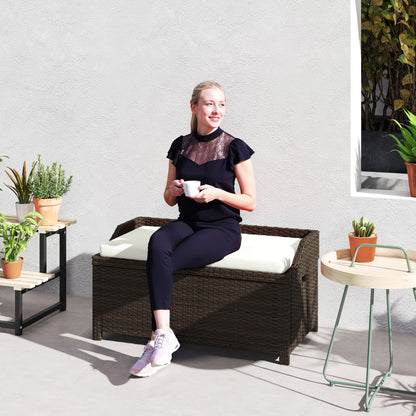 US Local Outdoor Wicker Storage Bench With Storage & Cushion, Cream White