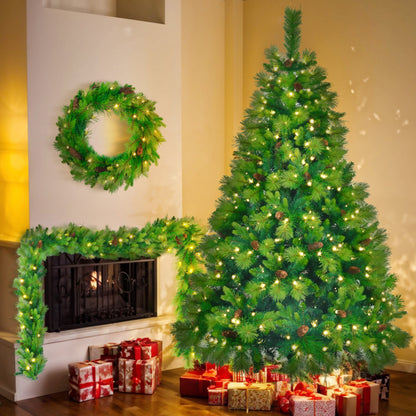 US Local 6 Ft Long Grass Green Christmas Tree, Big Branch Pine Tree, Pre-Installed Lighting Set With Tree & Garland & Garland, Artificial Christmas With Pine Cone, Articulated Christmas Tree For Holiday Part