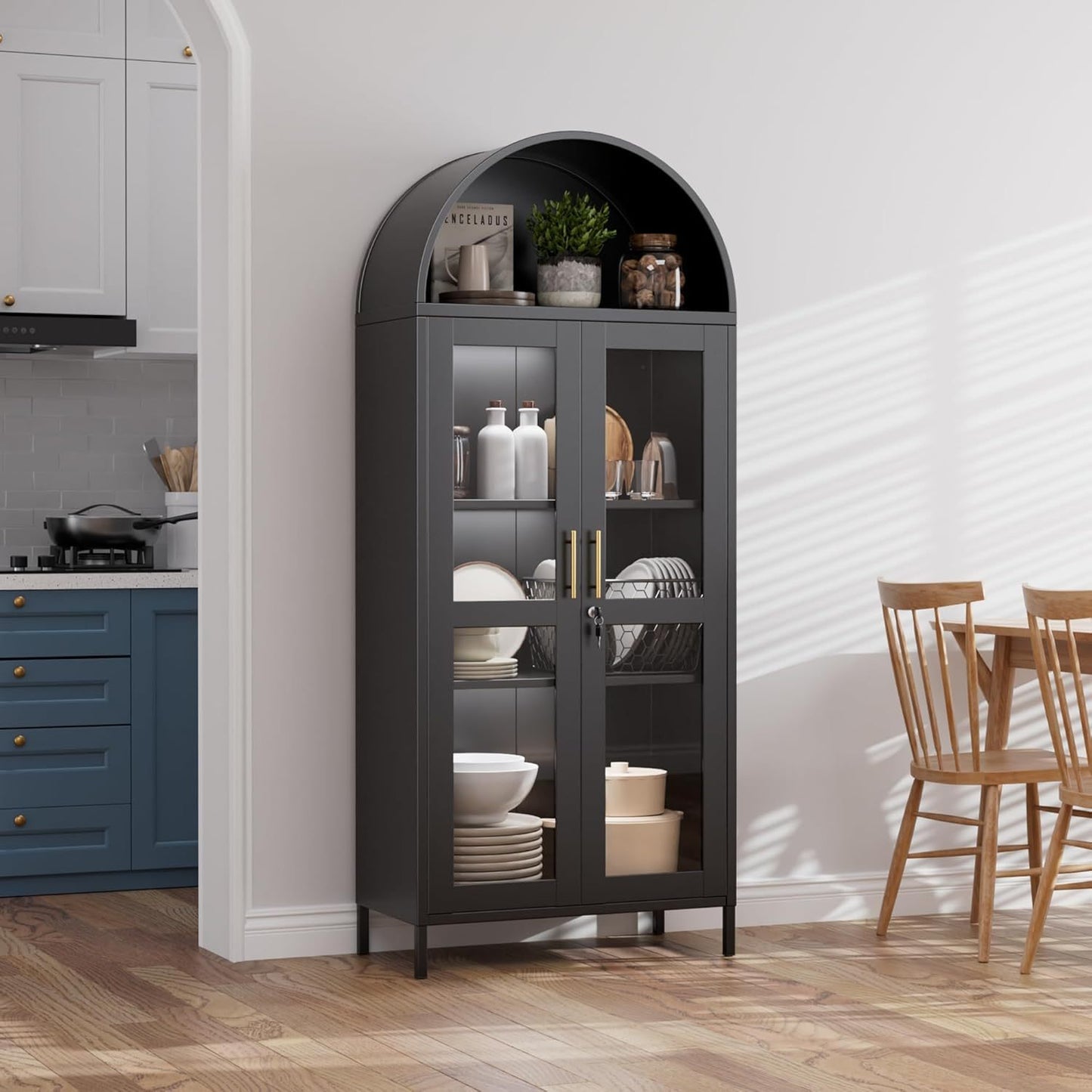 US Local Metal Arched Cabinet With LED Strips, Arch Display Bookcase With Glass Doors, Modern Freestanding Kitchen Pantry Storage Cabinet For Living Room, Dining Room, Home Office, Assembly Required Black