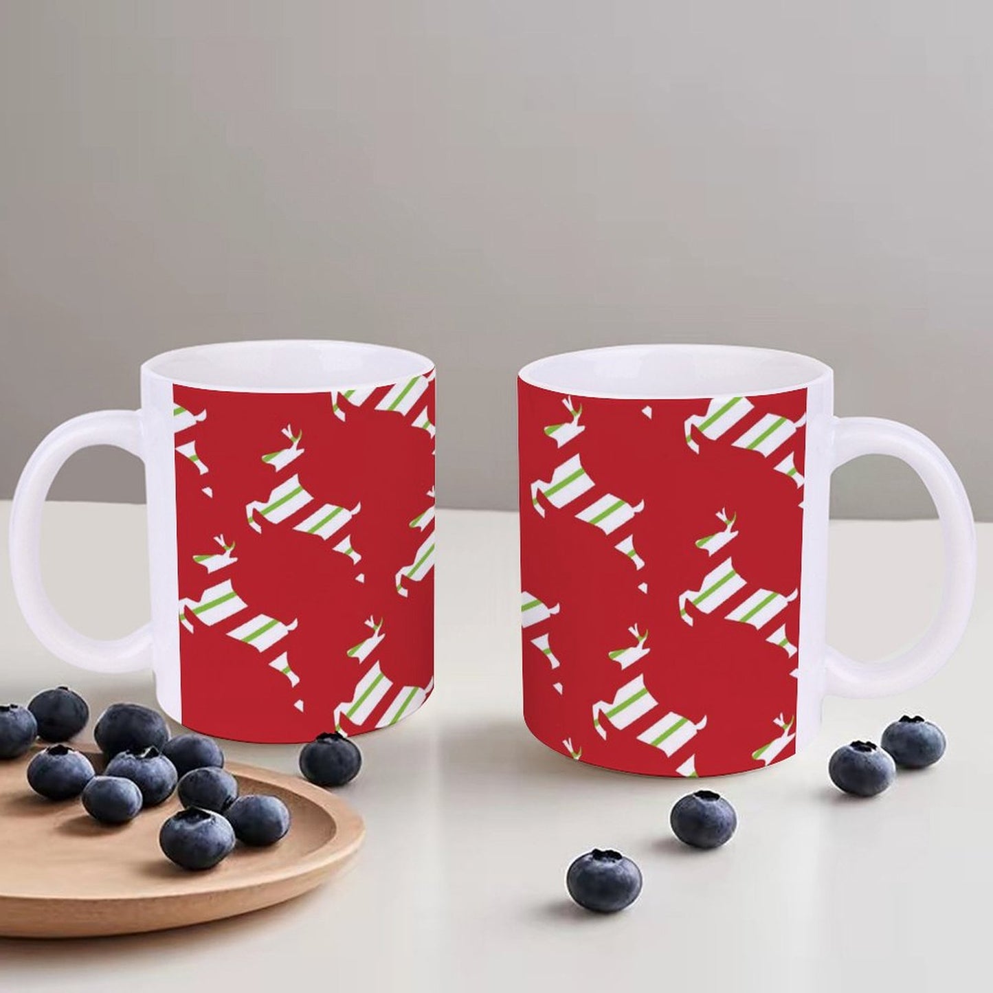 POD US Local White mug with full print, Christmas, Elk, Streamers, Red 0076