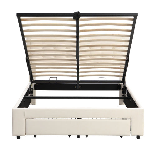 UK Local Upholstered Bed,Double Bed-4ft6135X190cm, Velvet Fabric, Double Bed, Large Storage Space,With Slats And Headboard,Without Mattress,Cream
