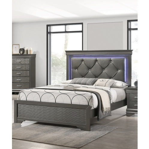 US Local Dark Gray Faux Leather Tufted Headboard 1pc Queen Size Bed W LED Bedroom Furniture Gray Unique Texture FB Solid Wood