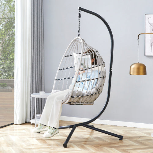 US Local GRHeavy-Duty Iron Hanging Chair With Wicker Weave   Single Person Swing For Indoor  Outdoor Gray