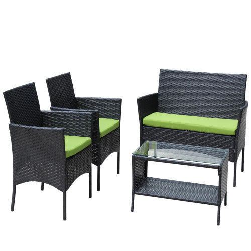 US Local 4 PC Rattan Patio Furniture Set Outdoor Patio Cushioned Seat Wicker Sofa Green Cushion