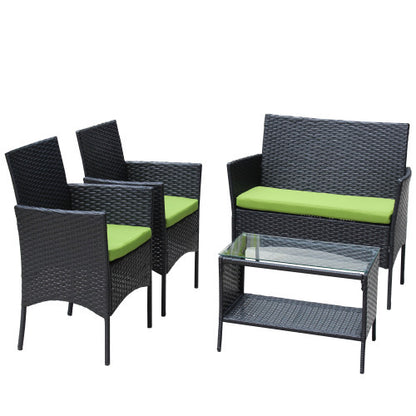 US Local 4 PC Rattan Patio Furniture Set Outdoor Patio Cushioned Seat Wicker Sofa Green Cushion