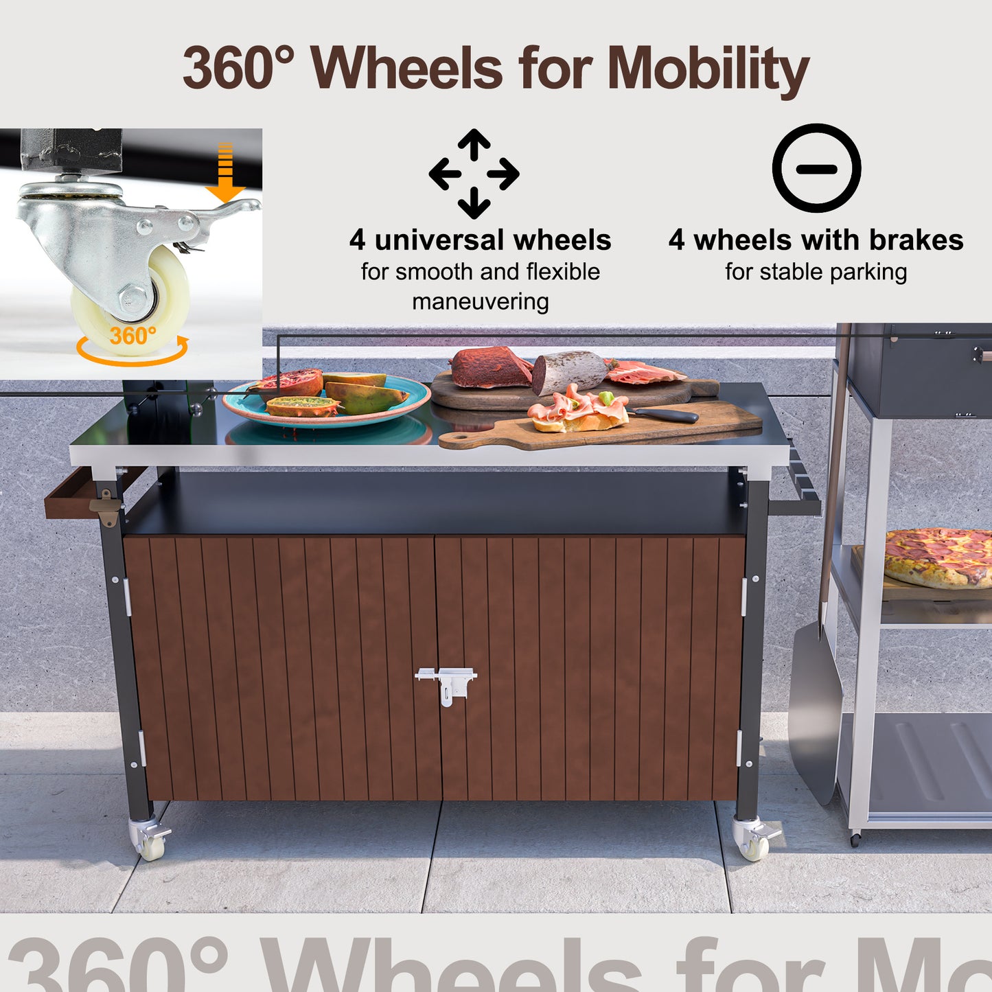 US Local Outdoor Grill Cart With Stainless Steel Tabletop, Storage, Patio Kitchen Island With Wheels, Hooks, And Spice Rack, Waterproof Outdoor Grill Table, Movable BBQ Serving Cart Rolling Bar Cart