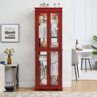 US Local Lighted Glass Curio Display Cabinet,Display Cabinet,Glass Storage Cabinet Glass Wine Cabinet Wood Frame Toy Display For Living Room, Kitchen, Pantry Light Bulb Included Cherry