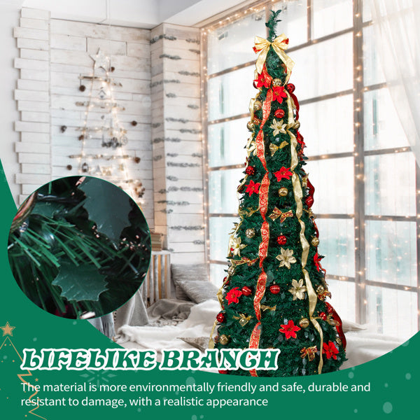 US Local 7 FT Fully Decorated Pre-lit Christmas Tree, Pop Up Artificial Xmas Tree With 200 Warm Lights Remote Control And Red & Golden Ornaments For Home Office Store Holiday Deco