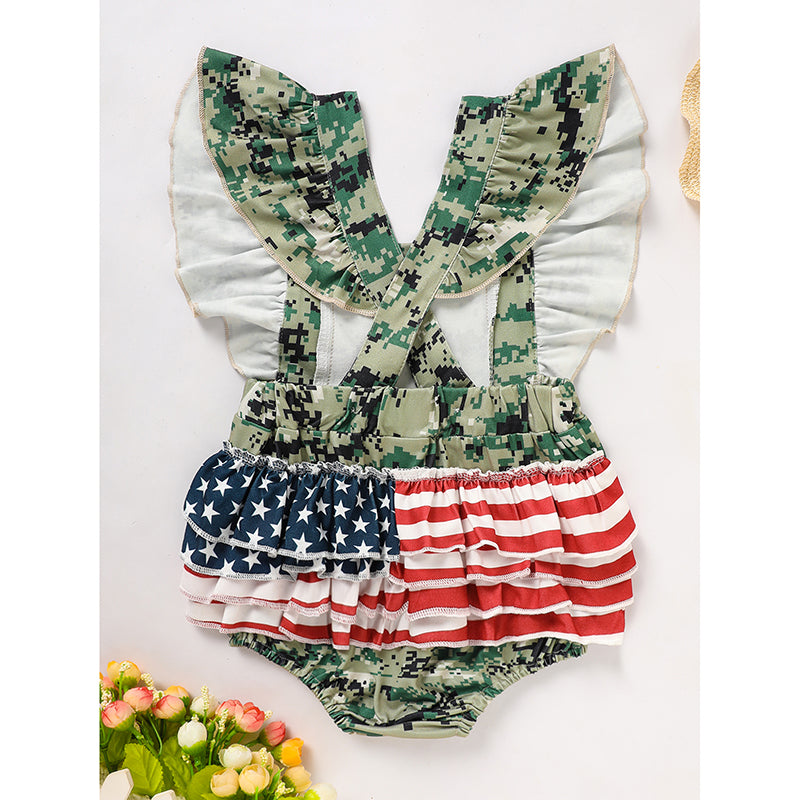US Local Baby's Girl 4th Of July Independence Day Style Camouflage Pattern Triangle Bodysuit, Casual Sleeveless Romper, Toddler & Infant Girl's Onesie