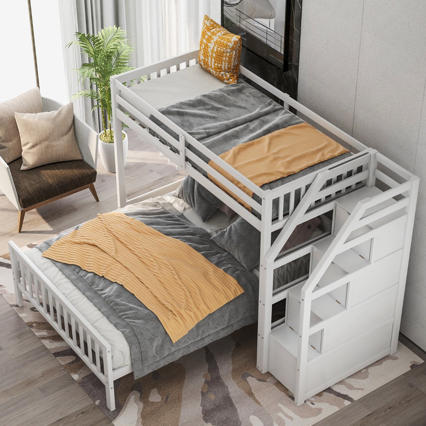 US Local Twin Over Full Loft Bed With Staircase,White