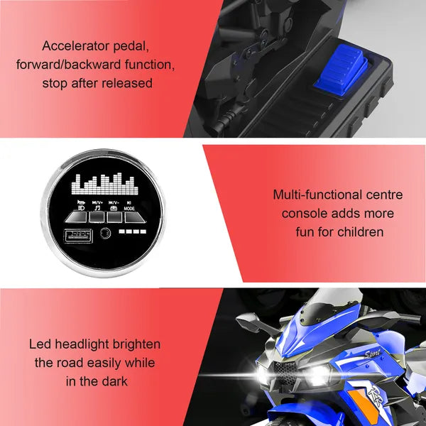 US Local Kids Powered Ride-ons Toy, Kids Motorcycle For 3-6 Years, 12V Electric Ride On Motorcycle With Light Wheel & Bluetooth Music-Blue